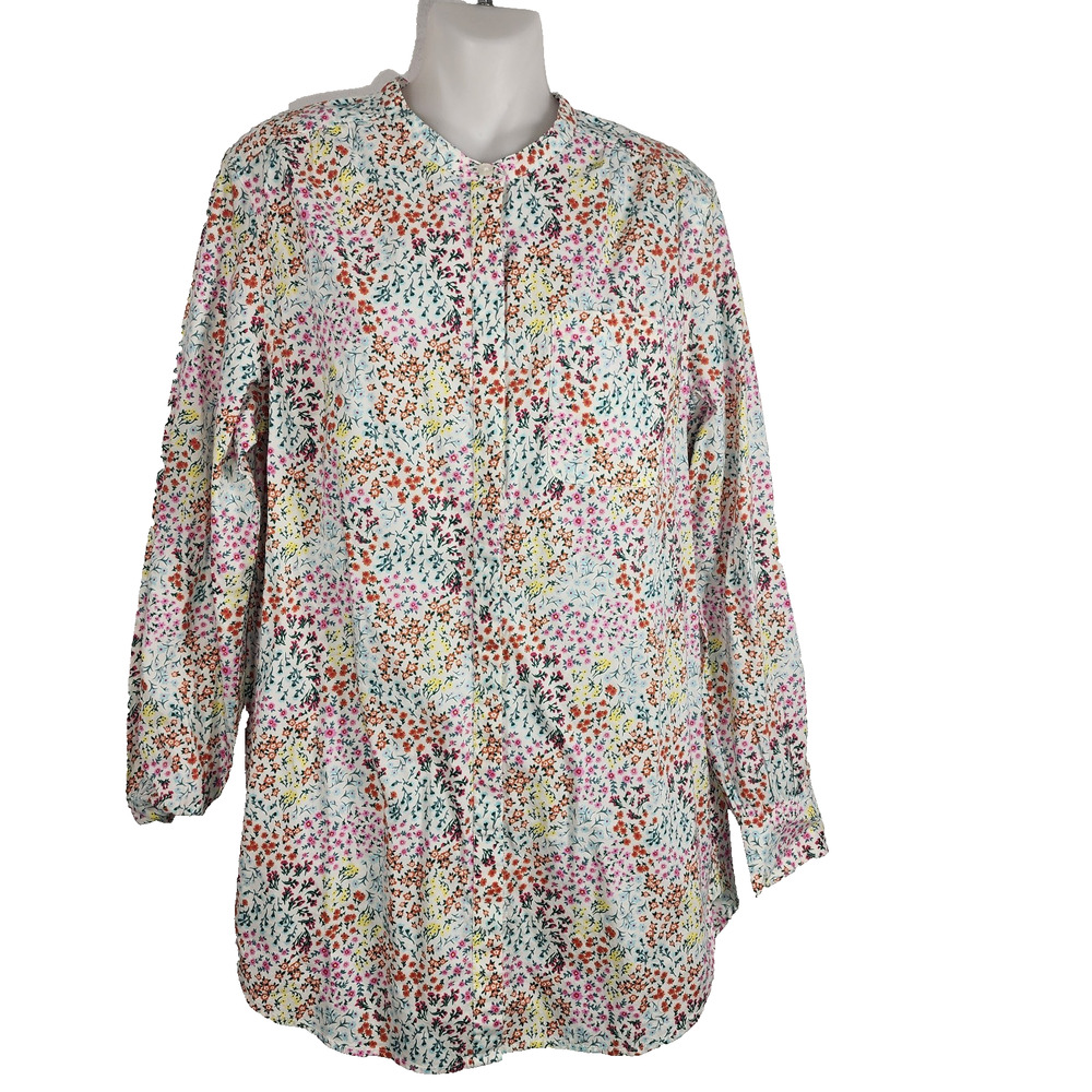 Lands End Womens Tunic Top Medium Floral Long Sleeve Button Up Cotton Colorful